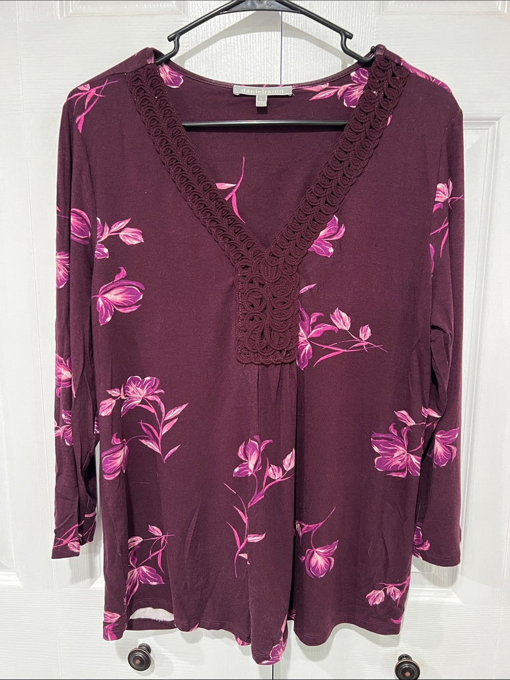 Daniel Rainn Plum Floral V-Neck Tunic with Pink Blooms